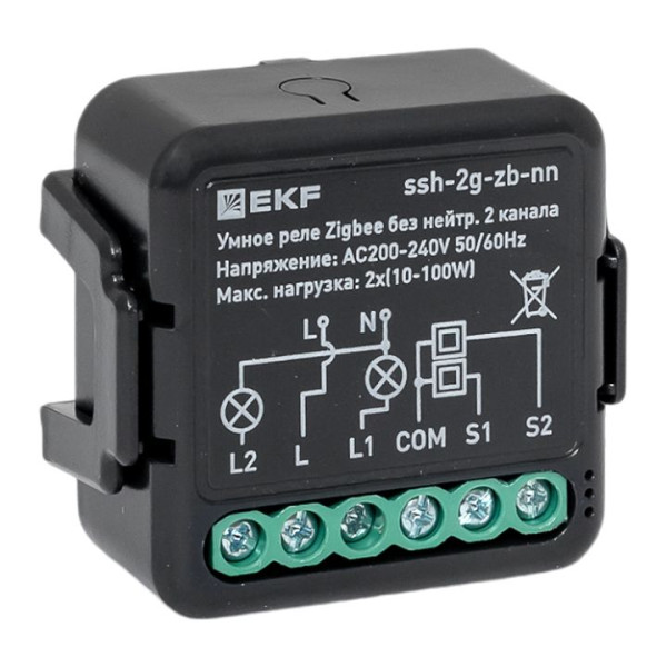 Умное реле в подрозетник 2-канальное без нейтрали Zigbee EKF Connect Select ssh-2g-zb-nn
